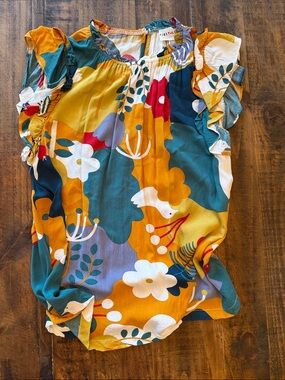 First Love Multicolor Floral Ruffle Sleeve Top - Mustard, Teal, White, Red